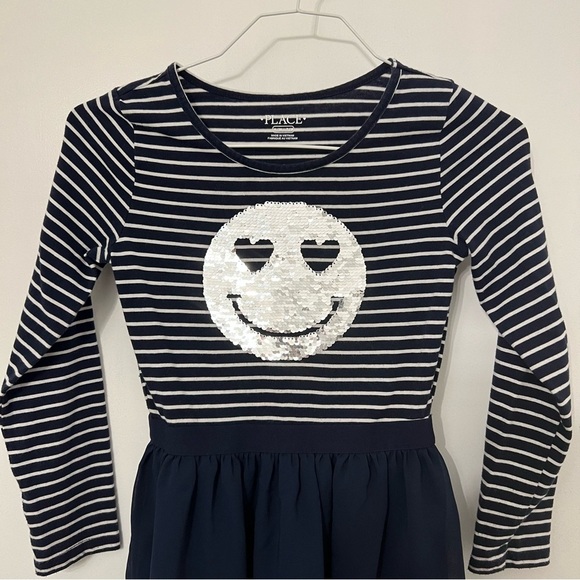 Girls Flip Sequin Dress Smiley Face Blue White Stripe The Childrens Place 7/8 M - Picture 1 of 11